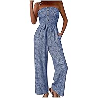 Women's Strapless Jumpsuits Tube Top Shirred Long Pants Smocked Wide Leg Rompers Boho Floral Outfits Trendy Romper