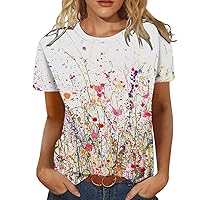 2023 Summer New Women Floral Tops Casual Crewneck Comfy Loose Short Sleeve T-Shirts Trendy Print Tunic