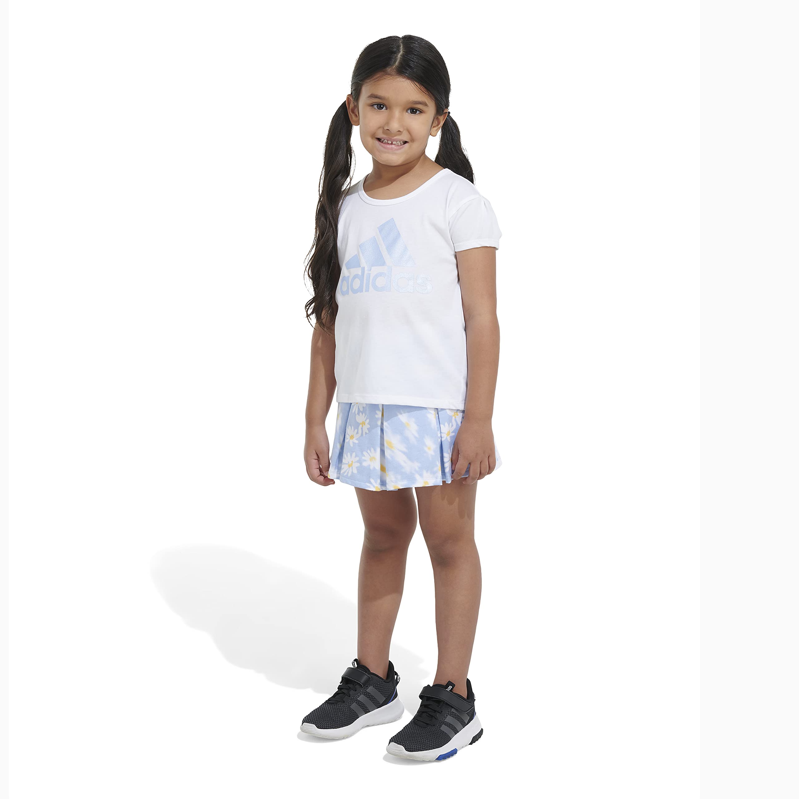 adidas Girls Short Sleeve Tee & All Over Print French Terry Pleated Skort Set