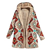 Womens Aztec Ethnic Diamond Print Coats Sherpa Fleece Lined Jacket Plus Size Hooded Thicken Outwear with Pockets