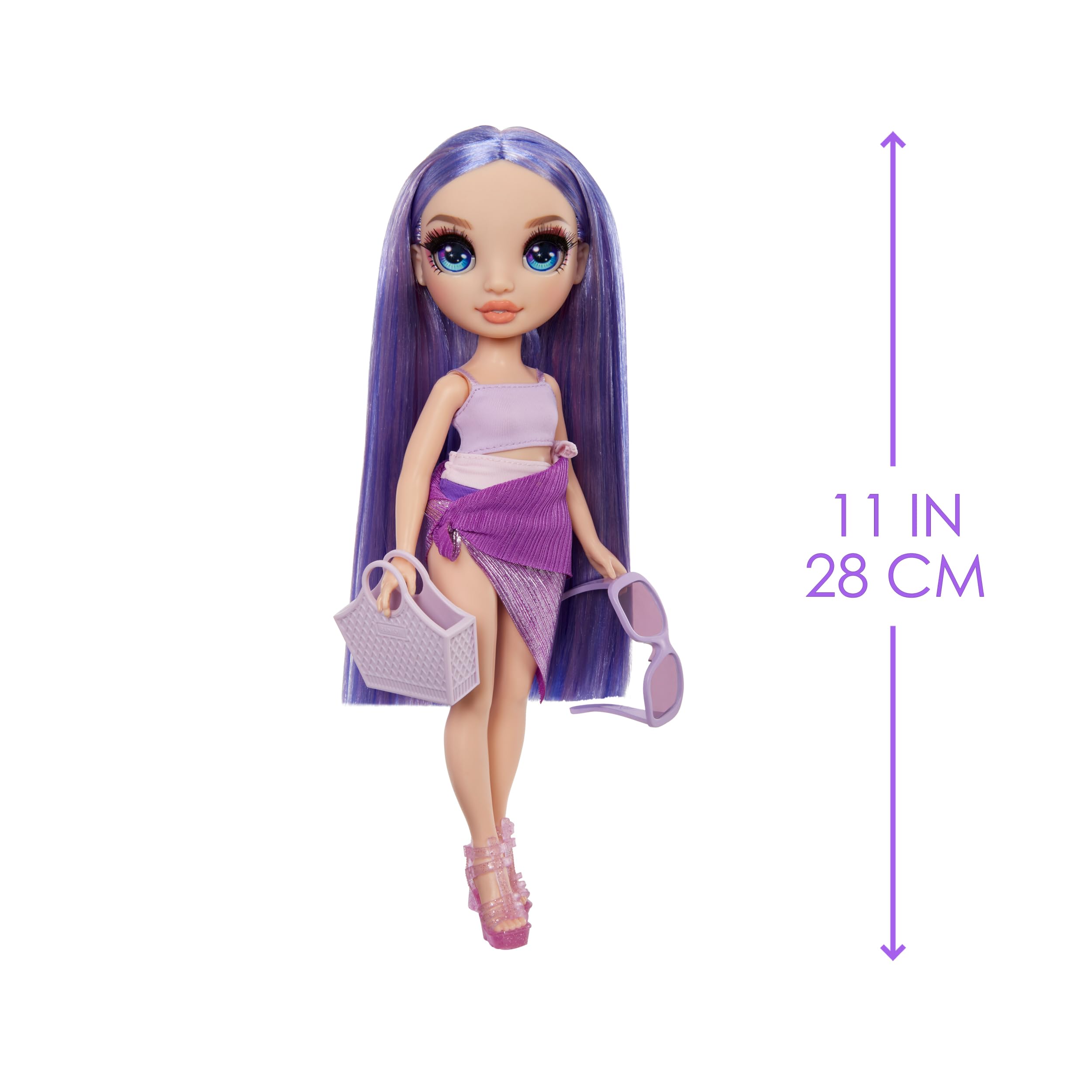 Rainbow High Swim & Style Violet (Purple) 11” Doll with Shimmery Wrap to Style 10+ Ways, Removable Swimsuit, Sandals, Fun Play Accessories. Kids Toy Gift Ages 4-12 Years