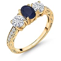 Gem Stone King 18K Yellow Gold Plated Silver 3-Stone Ring Oval Blue Sapphire and Moissanite (2.12 Cttw)