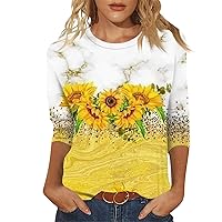 3/4 Sleeve Tops for Women O-Neck Sunflower Printed T-Shirt Casual Trendy Shirts Loose Fit Comfy Blouses Cute Tops