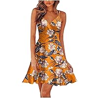 Long Dresses for Women Wedding Guest, 2024 V Neck Floral Print Spaghetti Strap Summer Casual Swing Sundress Cocktail Black Maxi Dress Short Womens Casual One Dress Cocktail (3XL, Orange)