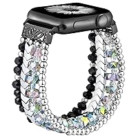 fastgo Beaded Bracelet Band Compatible with Apple Watch 45mm 44mm 42mm 49mm Women Series 7, Crystal Elastic Stretchy Strap for Iwatch SE & Series 9 Ultra 8 7 6 5 4 3 2 1(Black/Silver)