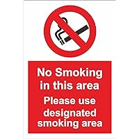 Sticker - Safety - Warning - Set of 5 Pack - No Smoking in This Area. Please use Designated Smoking Area Sign 30x20cm - Decal for Office Company School Hotel