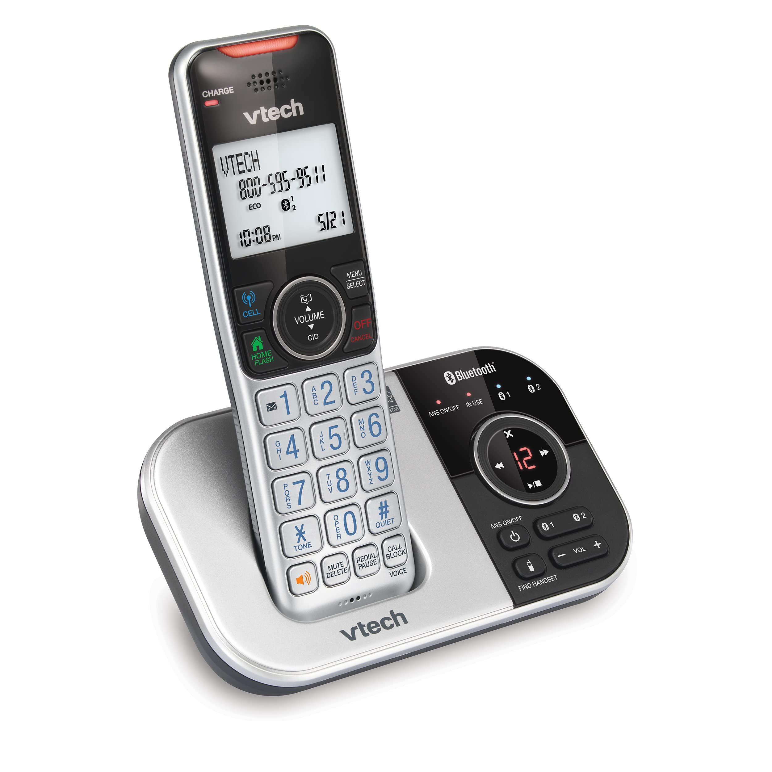 VTech VS112 DECT 6.0 Bluetooth Expandable Cordless Phone for Home with Answering Machine, Call Blocking, Caller ID, Intercom and Connect to Cell (Silver & Black)