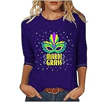 Todays Daily Deals Clearance 2024 Mardi Gras Shirt for Women Carnival Themed Outfit Party Mask Graphic 3/4 Sleeve Tunic Tops Spring Summer Crewneck Parade Blouse Tshirt Holiday Workout Sweatshirt