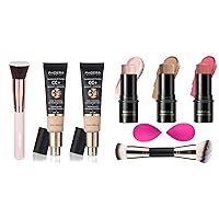 PHOERA CC Cream Foundation With SPF,PHOERA Full Coverage Foundation Color Correcting Cream,3 Pcs Cream Contour Stick Makeup Kit, Shades with Highlighter Stick, Blush Stick and Bronzer Contour Stick