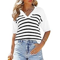 Dokotoo Women's Summer Tops Dressy Striped Blouses Lapel V Neck Half Sleeve Casual Shirts