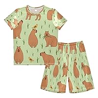 Boy's Summer Shorts Sets Capybara Hawaiian Shirt Sets Bird Leaf Kids Button Down Short Shirt & Pants 2 Pcs XS