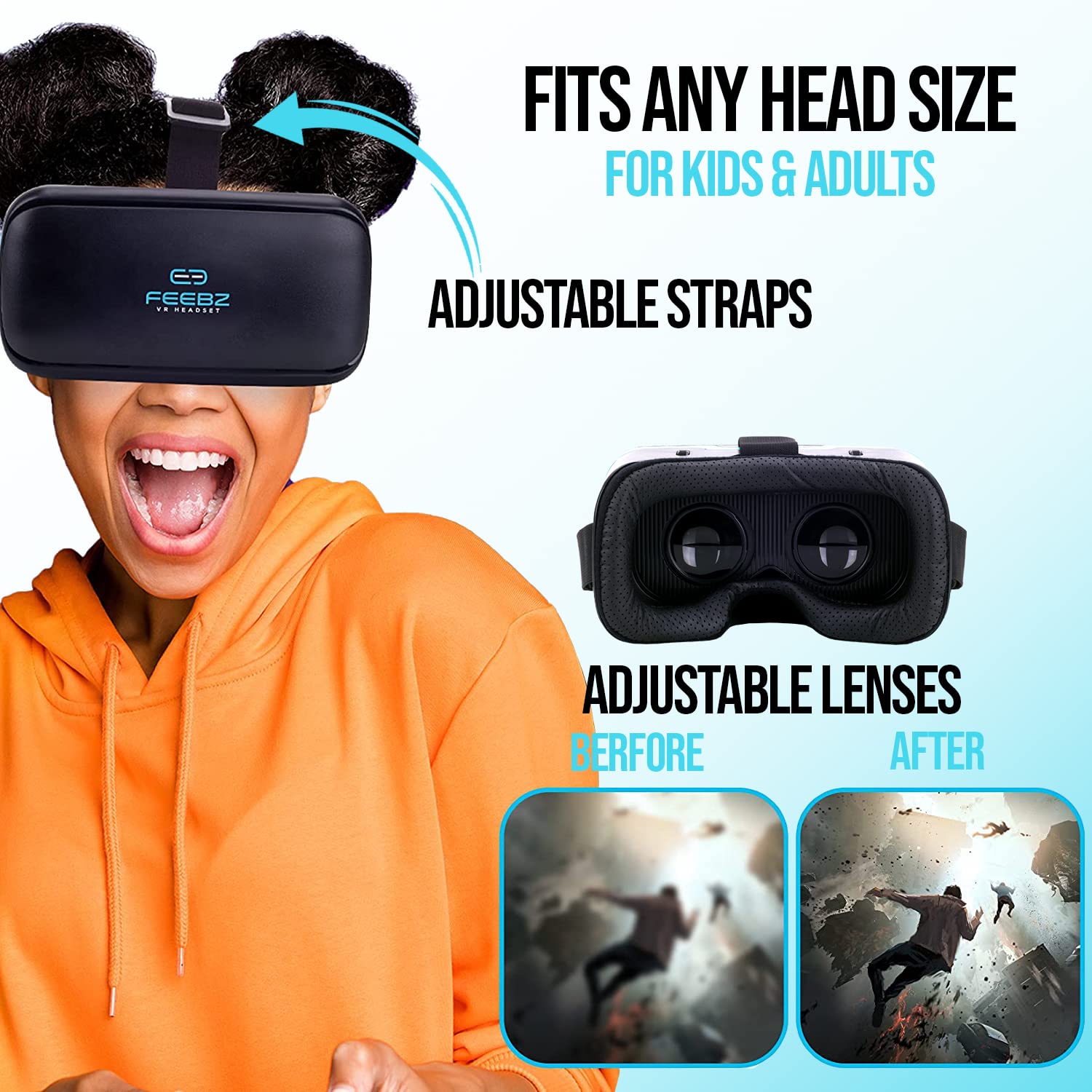 VR Headset for Android - with Built-in Action Button | Virtual Reality Goggles for 4.7”-6.5” Cell Phone - Best Set Glasses | Gift for Kids and Adults for Experiencing VR - Blue