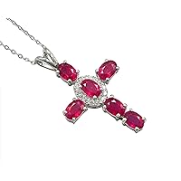 4.35 Cts. Natural Red Ruby 6X4 MM Oval Cut Cross Pendant Necklace 925 Sterling Silver July Birthstone Ruby Jewelry Blessing Gift For Love and Friendship Gift