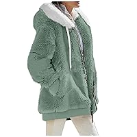 2023 Coats for Women Fuzzy Zip Up Hoodies Color Block Sweaters Sherpa Jackets Winter Warm Outwear with Pockets