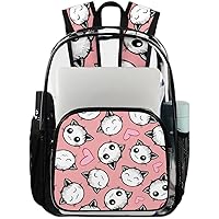 Pink Smiling Cats And Hearts Clear Backpack Heavy Duty Transparent Bookbag for Women Men See Through PVC Backpack for Security, Work, Sports, Stadium