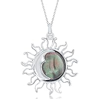 Natural Abalone Shell Sun and Moon Solar Eclipse Sterling Silver Pendant 18’’ Necklace Jewelry for Women or Teens