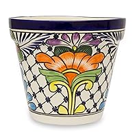 NOVICA Artisan Handmade Ceramic Flower Pot Majolica Multicolor Mexico Outdoor Living Pots Talavera 'Wild Flowers'