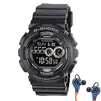 G-SHOCK Casio Mens Watch - Black - Wireless Earphones Combo - Watch 20 bar Water Resistant, Shock Resistant, 7 Year Battery Life, High Brightness LED Backlight, Timer, Stopwatch, Multi-City Time