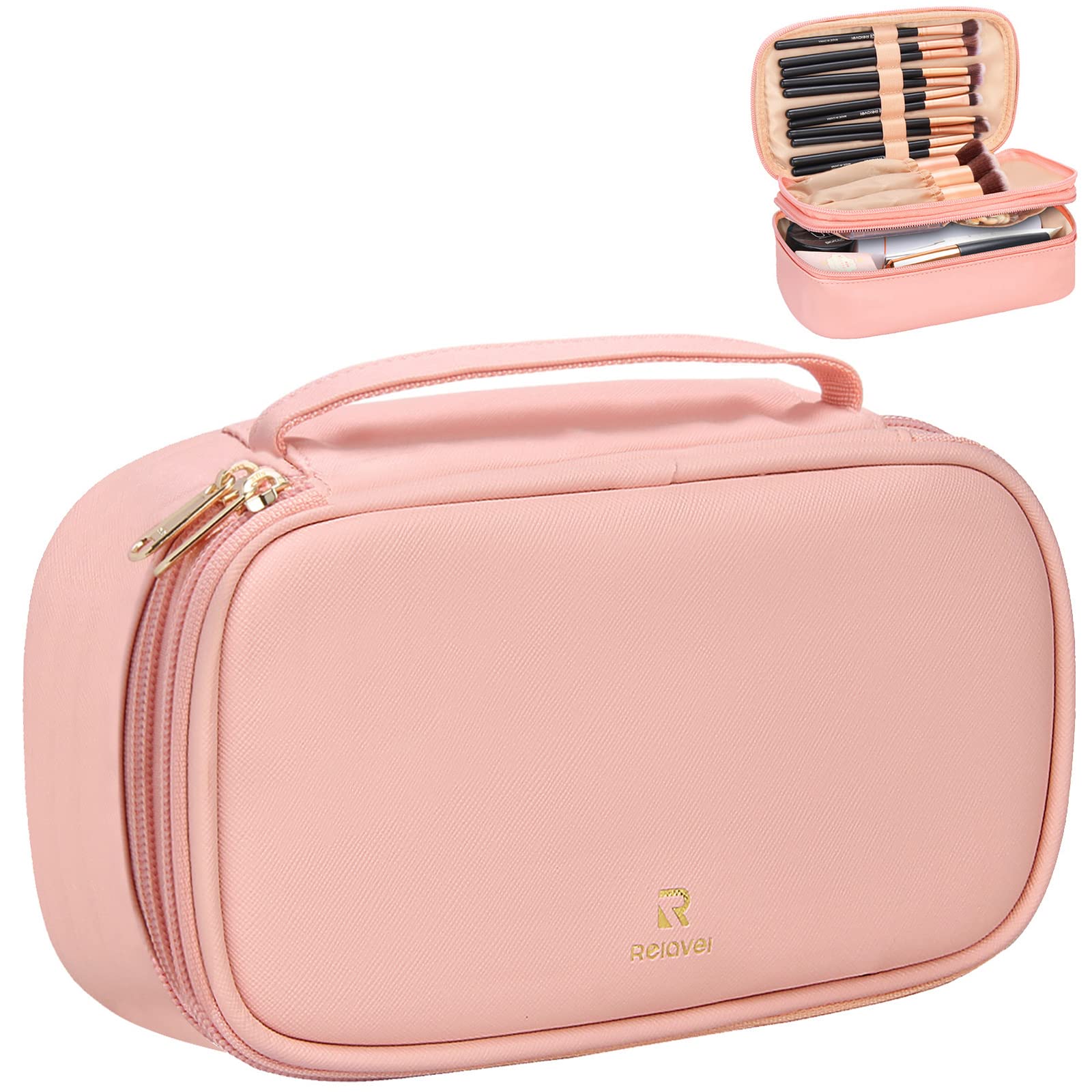Relavel Makeup Bag Small Travel Cosmetic Bag for Women Girls Makeup Brushes Bag Portable 2 Layer Large Capacity Cosmetic Case Brush Storage Organizer Pouch Christmas Gifts Purse Toiletry Bag (Pink)
