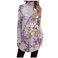Womens Pullover Casual Turtleneck Blouses Retro Print Dressy Loose Fit Long Sleeve Shirts Fashion Tops