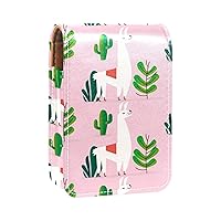 Mini Lipstick Case Arrogant Alpacas Pattern Green Cactus Pink Lipstick Organiser with Mirror Button Closure Make Up Holder Travel Leather Cosmetic Pouch for Women Girls
