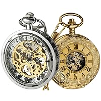 VIGOROSO Mens Classic Steampunk Pocket Watch Silver Skeleton Hand Wind Mechanical Watches Mens Pocket Watch with Chain Half Hunter Double Cover Skeleton Mechanical Watches Gold Roman Numeral