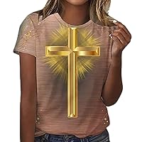 Short Sleeve Christian Tshirts for Women 2024 Summer Jesus Shirts Trendy Color Block Tunic Bouse Comfy Cotton Graphic Tees