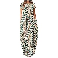 Maxi Dresses for Women 2023 Summer Floral Marbel Printed Short Sleeve Crewneck Casual Loose Fit Long Dress with Pockets