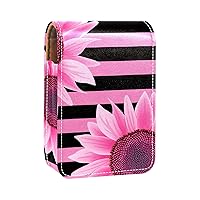 Sunflower Black And Dark Pink Stripe Pattern Lipstick Case Lipstick Box Holder With Mirror, Portable Travel Lip Gloss Pouch, Waterproof Leather Cosmetic Storage Kit For Purse