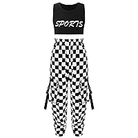 TiaoBug Kids 2Pcs Sport Dance Set Letters Crop Vest Top with Hip-hop Pants for Girls Daily Tracksuit