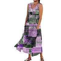 Sleeveless Dress Vintage Dress for Women Fashion Print Casual Loose Flowy Beach Dresses Sleeveless U Neck Linen Dress with Pockets Dark Purple Medium