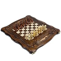 Handmade 3 in 1 Walnut Wood Chess Set 15.7 inch - Backgammon, Checkers - High Detail Unique Board Game from Armenia Europe, Brown