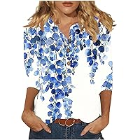 Sales Today Clearance Prime Linen Henley Shirts for Women Button Up V Neck 3/4 Sleeve Blouse Summer Floral Print Boho Tops Casual Loose Fit Tunics