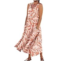 Linen Dress for Women 2024 Summer Casual Tank Dress Printed Sleeveless Maxi Dress Flowy Long Dresses with Pockets