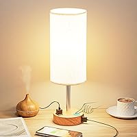 Bedside Table Lamp for Bedroom - 3 Way Dimmable Touch Lamp USB C Charging Ports and AC Outlet, Small Lamp Wood Base Round Flaxen Fabric Shade for Living Room, Desk, LED Bulb Included