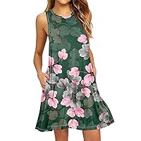 Women's Sun Dress Summer Dresses for Women 2024 Floral Print Vintage Fashion Casual Loose Fit with Sleeveless Scoop Neck Dress Green Large