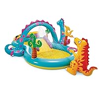 Intex 11ft x 7.5ft x 44in Dinoland Backyard Play Center Kiddie Inflatable Swimming Pool with Slide, Dino Arch Water Sprayer and Games for Ages 2 and Up