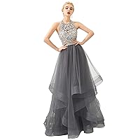 Women's Halter Beading Applique Layered Tulle Prom Dress