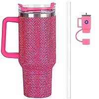 40 OZ Bling Tumbler with Handle and Straw for Water, Juice, Coffee and Tea, Large Stainless Steel Rhinestone Tumbler for Women Girls with Cute Straw Covers Cap (Pink)