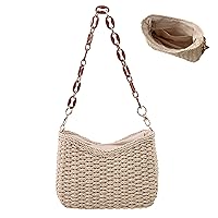 Straw Bag for Woman Braided Solid Color Detachable Strap Zipper Shoulder Bag Summer Minimalist Travel Beach Bags Purse Handbag Gift Travel Totes