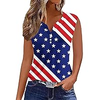 Stars Stripes Henley Tank Tops Womens 4th of July Button V Neck Sleeveless Shirts Summer Casual Loose Patriotic Tees