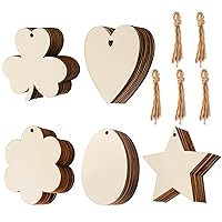 50 Pcs Unfinished Paintable Blank Wooden Spring Festival Decoration Ornaments, Valetine's Day Easter St.Patrick Tree Hanging Wood Slices for Kids DIY Art Crafts, Hearts,Stars, Eggs, Flowers