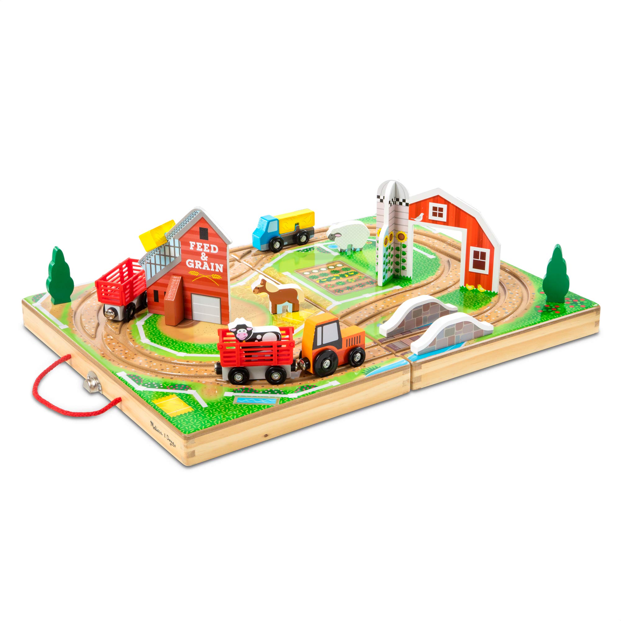 Melissa & Doug 17-Piece Wooden Take-Along Tabletop Farm, 4 Farm Vehicles, Play Pieces, Barn, Grain House - Take-Along Pretend Play Toy Barn Farm Toys For Toddlers Ages 1+