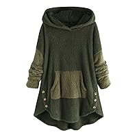 Women'S Casual Fleece Button Hooded Coat Color Block Mid-Length Plush Irregular Cardigan Plus Size Outwear With Pocket