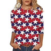 Womens Plus Size Tees 2024 Independence Day 3/4 Sleeve Lounge Shirts Cozy Print Crewneck Relaxed Fit Fashion Tops