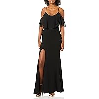 Dress the Population Women's Diana Cold Shoulder Flutter Fitted Crepe Gown with Slit