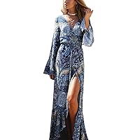 BIYOUTH Women's Bohemian Deep V-Neck Bell Sleeve Summer Beach Evening Party Peasant Long Maxi Dress, Blue, One Size