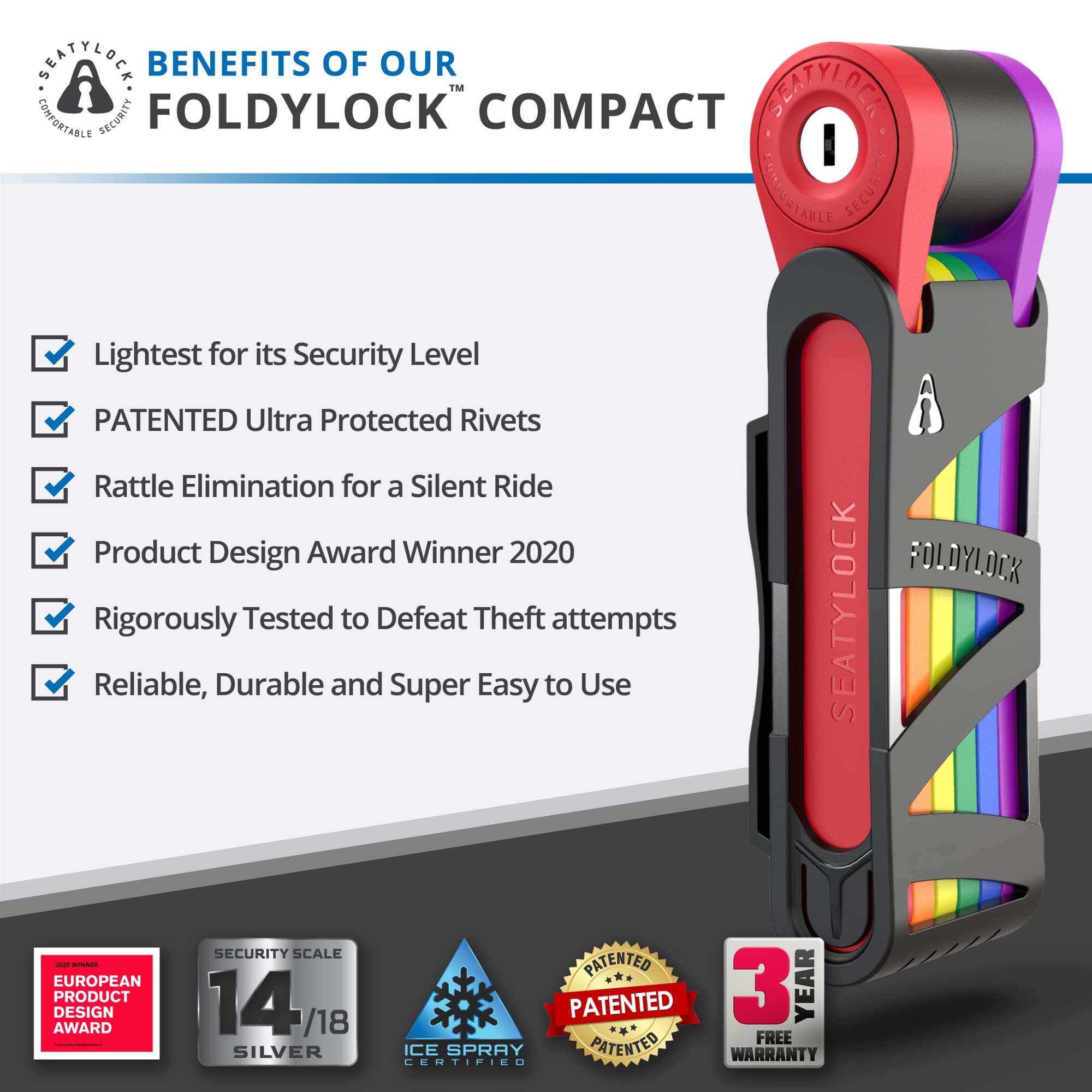 FoldyLock Compact Folding Bike Lock - Award Winning Patented Lightweight High Security Bicycle Lock - Heavy Duty Anti Theft Smart Secure Guard with Key and Case for Bikes or Scooter - 85 cm