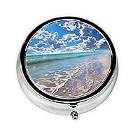 Beautiful Cloud Beach Print Pill Box Round Pill Case 3 Compartment Portable Pill Organizer Mini Metal Pill Container for Vitamins Medication Supplements Purse Pocket Travel