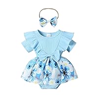 VISGOGO Toddler Baby Girl Summer Clothes Outfits Floral Ribbed Ruffles Short Sleeve Romper Dress with Headband